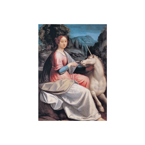 Postkarte Din A6 . JUNGE FRAU MIT EINHORN . LONGHI . edited by muse