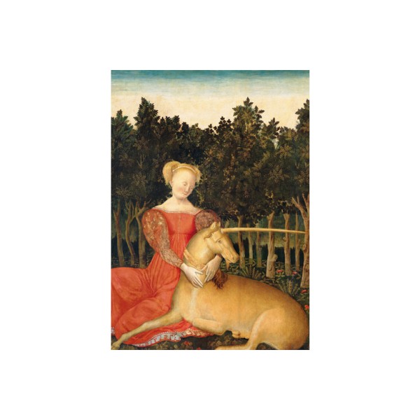 Postkarte Din A6 . FLORENTINISCH JUNGFRAU MIT EINHORN . edited by muse