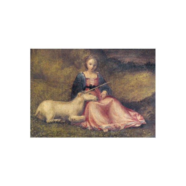 Postkarte Din A6 . VENEZIANISCH JUNGFRAU MIT EINHORN . edited by muse